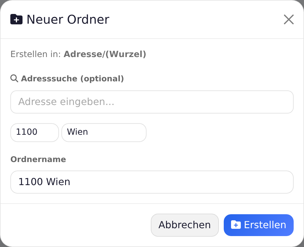 Neuer Ordner mit Adresssuche