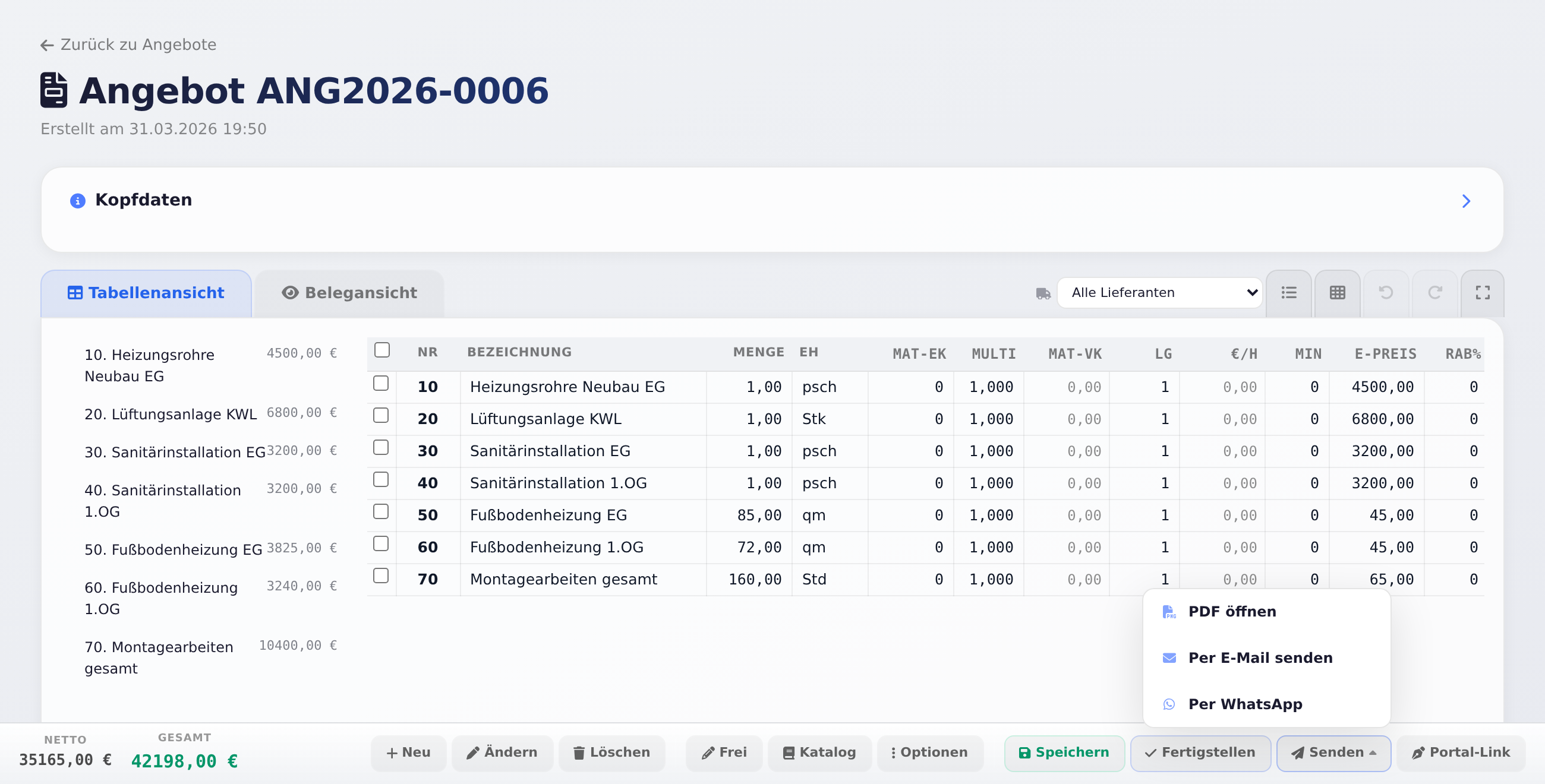 Menü Senden mit PDF, E-Mail und WhatsApp