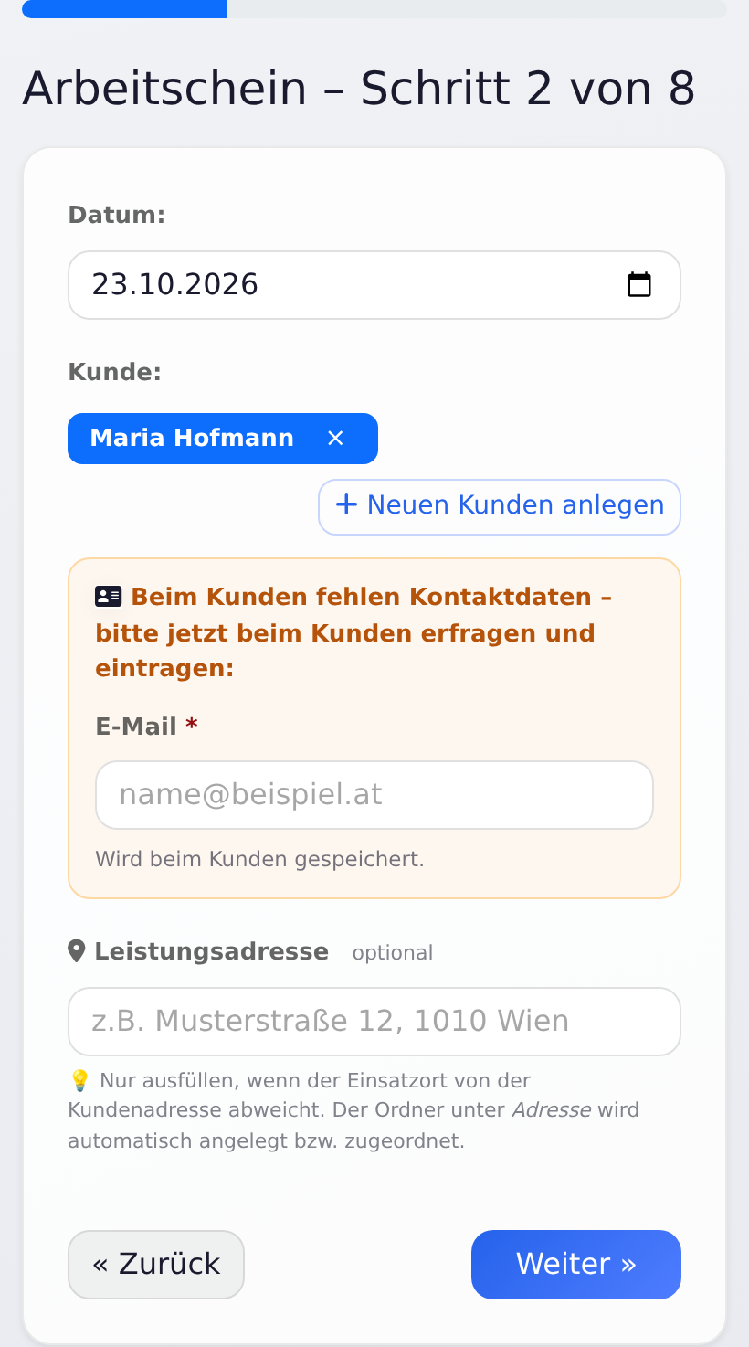 Schritt 2: Beim Kunden fehlt die E-Mail-Adresse