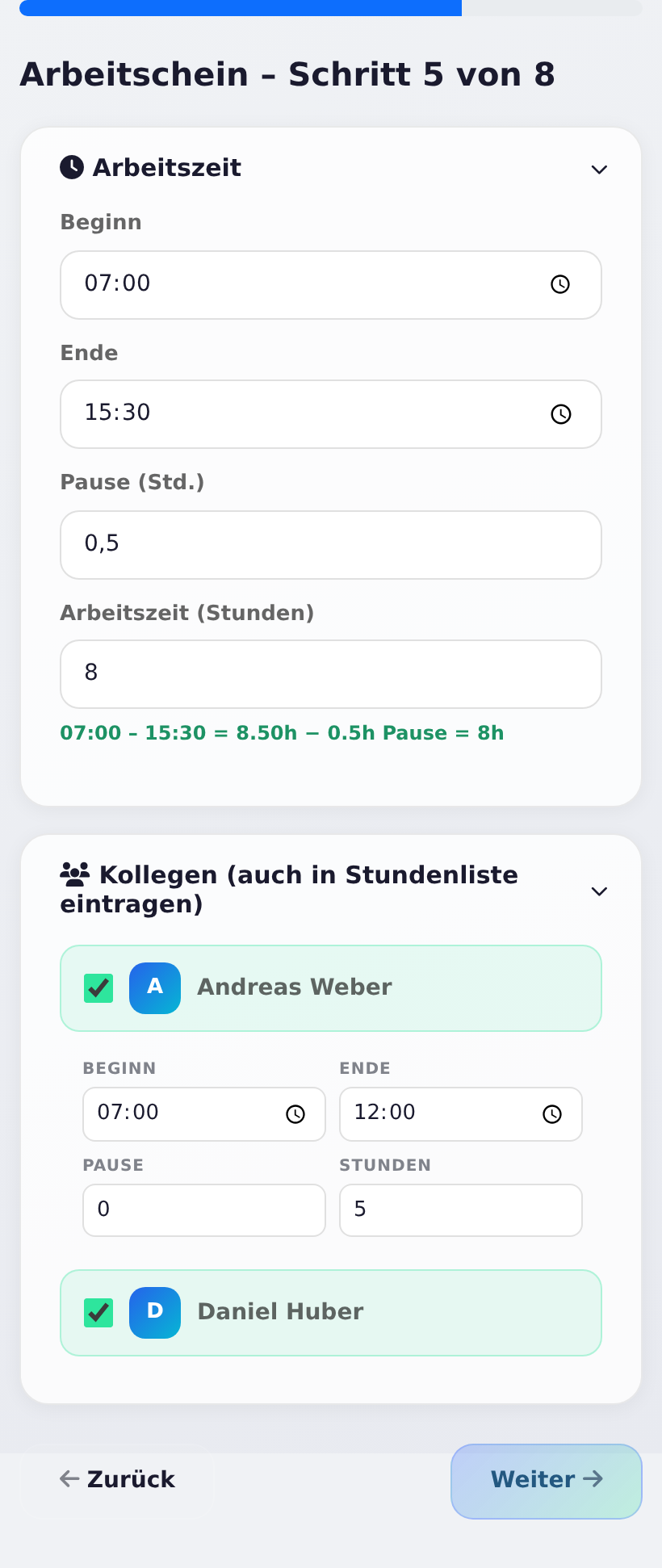 Schritt 5: Arbeitszeit und Kollegen mit eigenen Zeiten