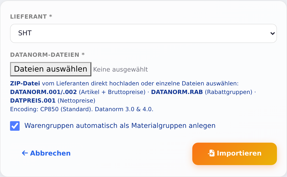Datanorm-Import mit Lieferant und Dateien