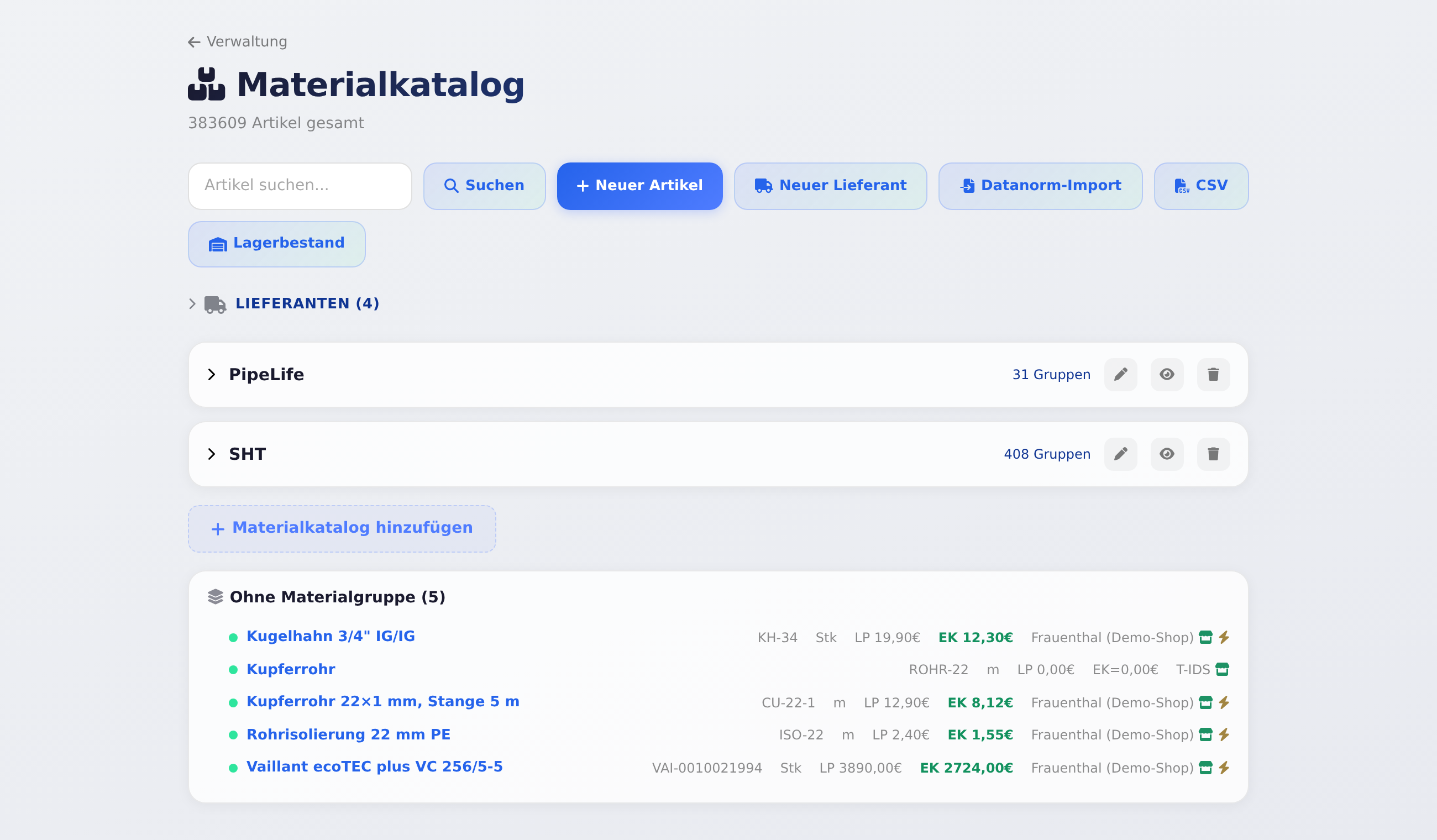 Materialkatalog mit Lieferanten und Materialgruppen