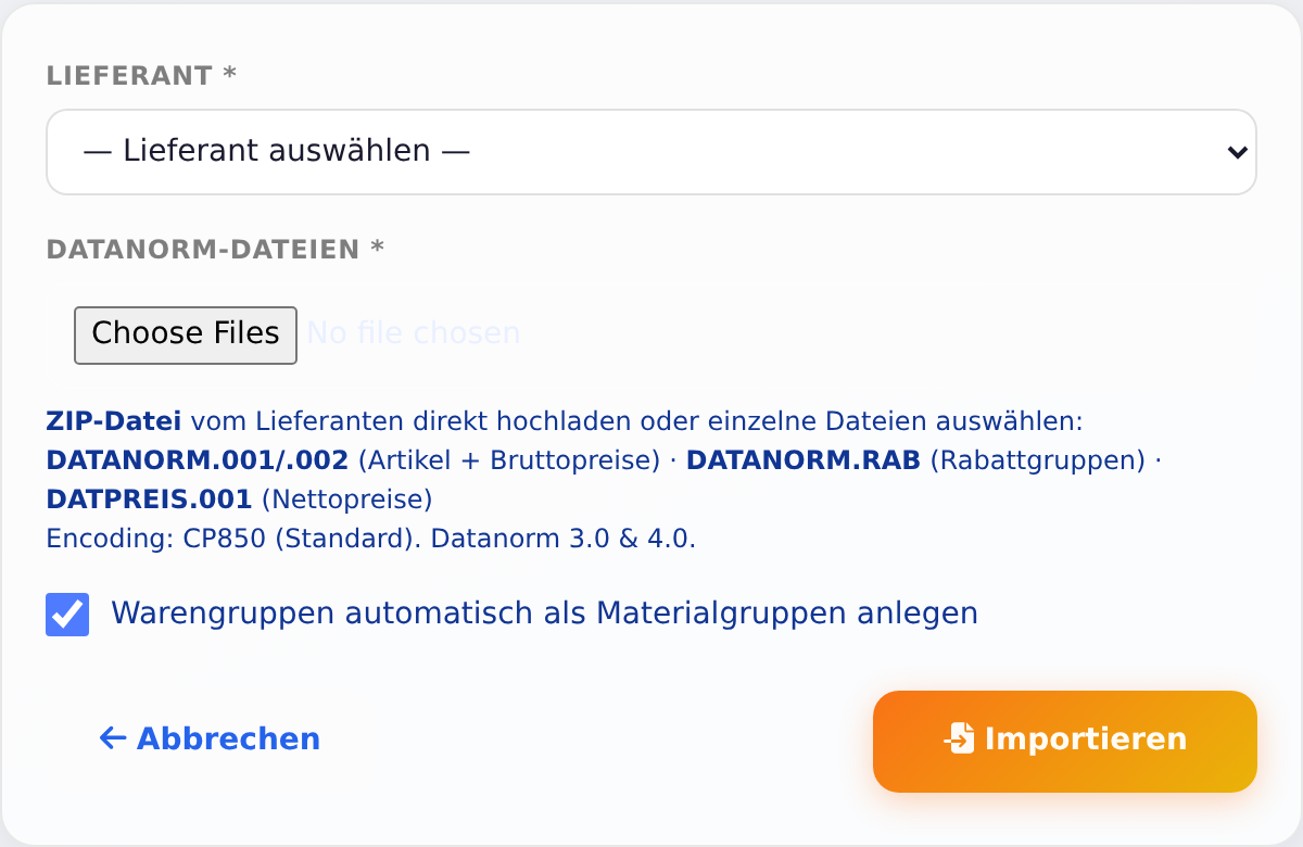 Datanorm-Import mit Lieferant und Dateien