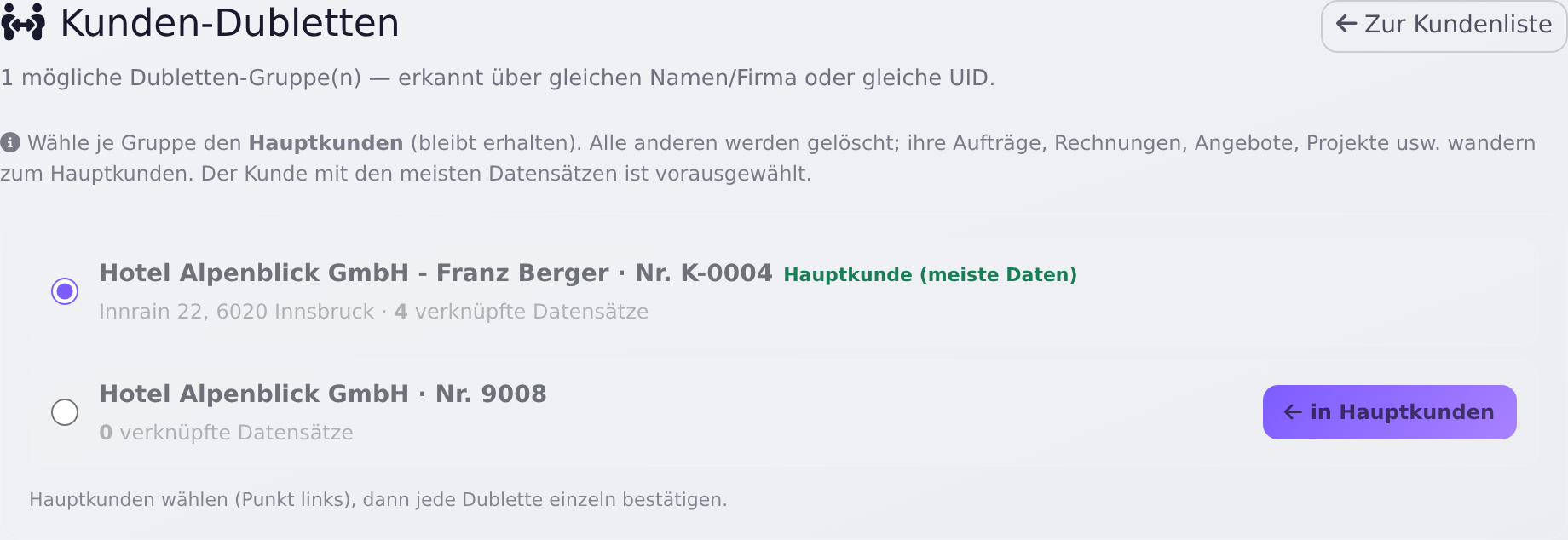 Seite Kunden-Dubletten mit Hauptkunde und Knopf in Hauptkunden
