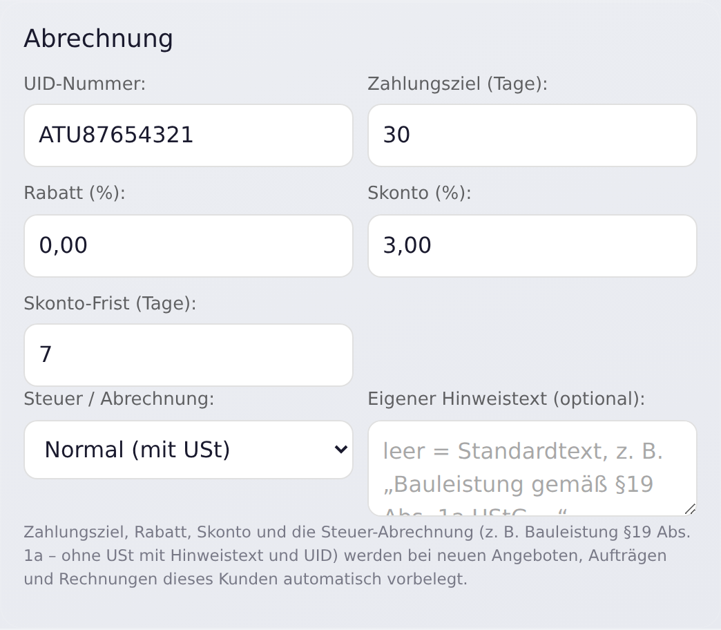 Kunde mit UID-Nummer und Steuer / Abrechnung