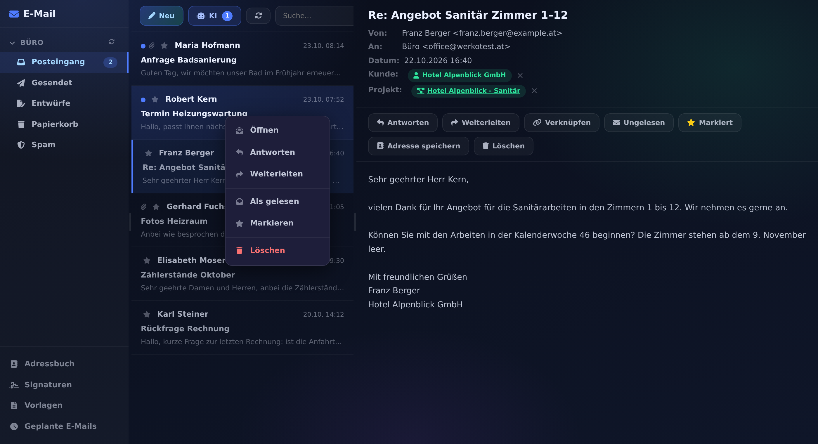 Posteingang mit Ordnern, Liste und geöffneter E-Mail