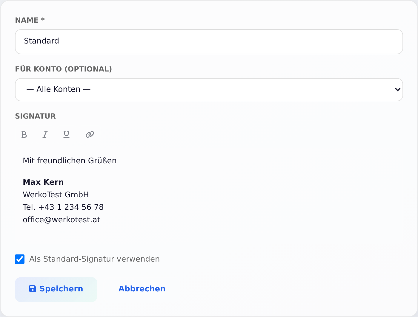 Neue Signatur mit Standard-Haken