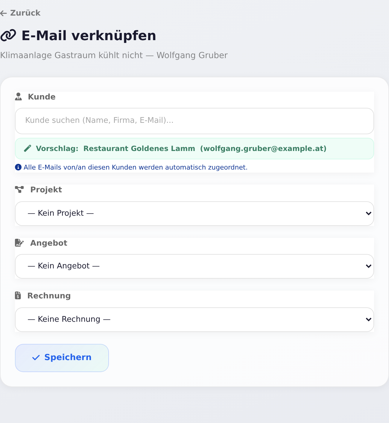 E-Mail verknüpfen mit Kunde, Projekt, Angebot und Rechnung