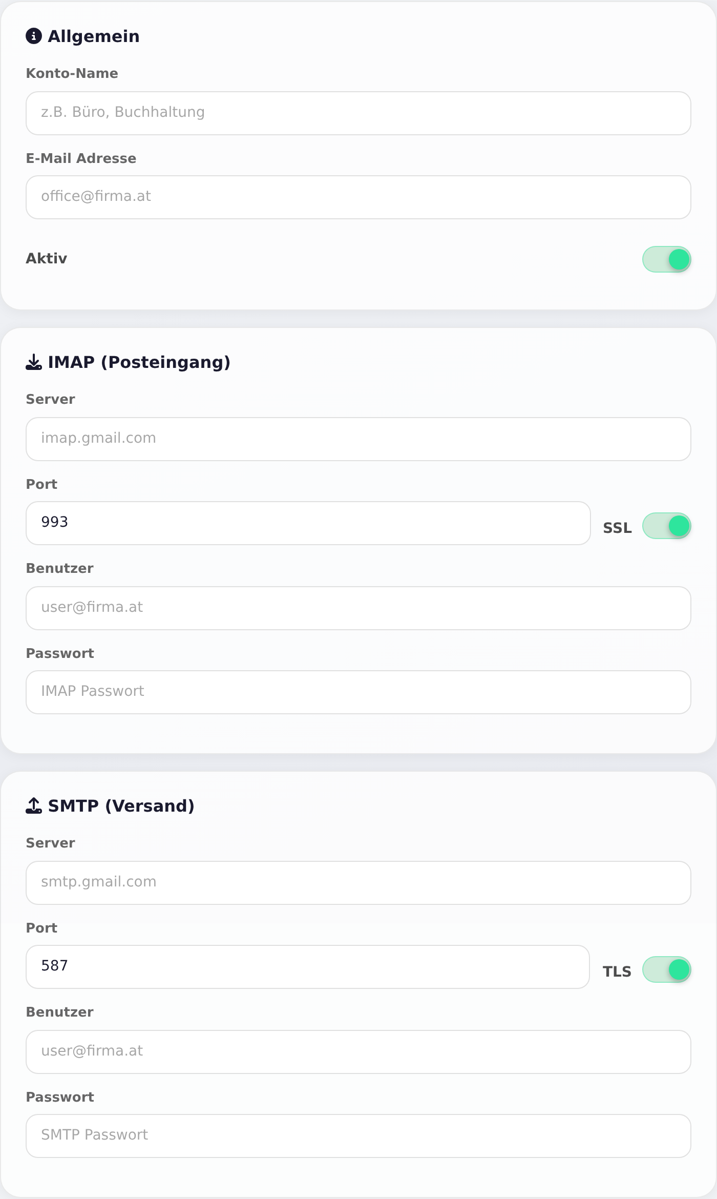 Neues E-Mail Konto mit IMAP und SMTP