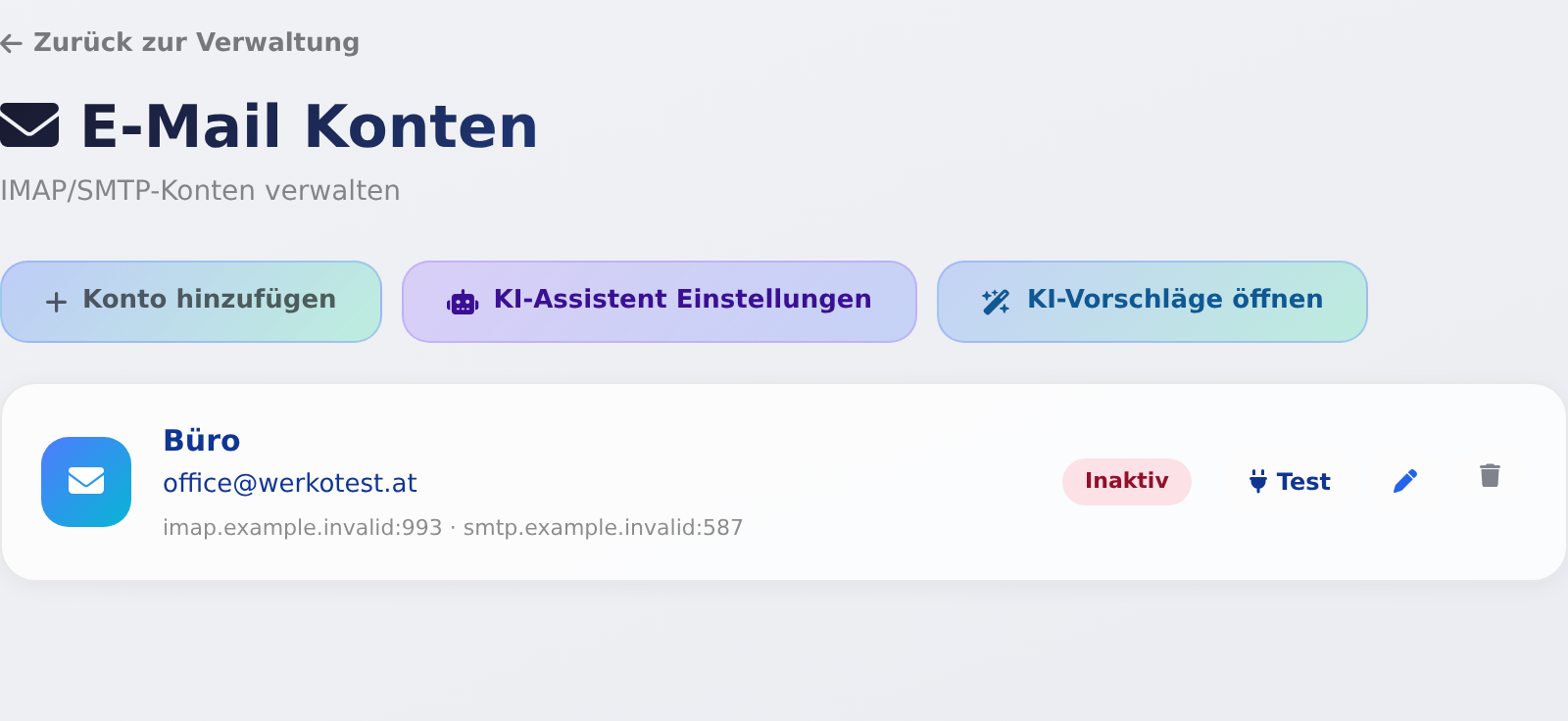 E-Mail Konten mit Test-Knopf
