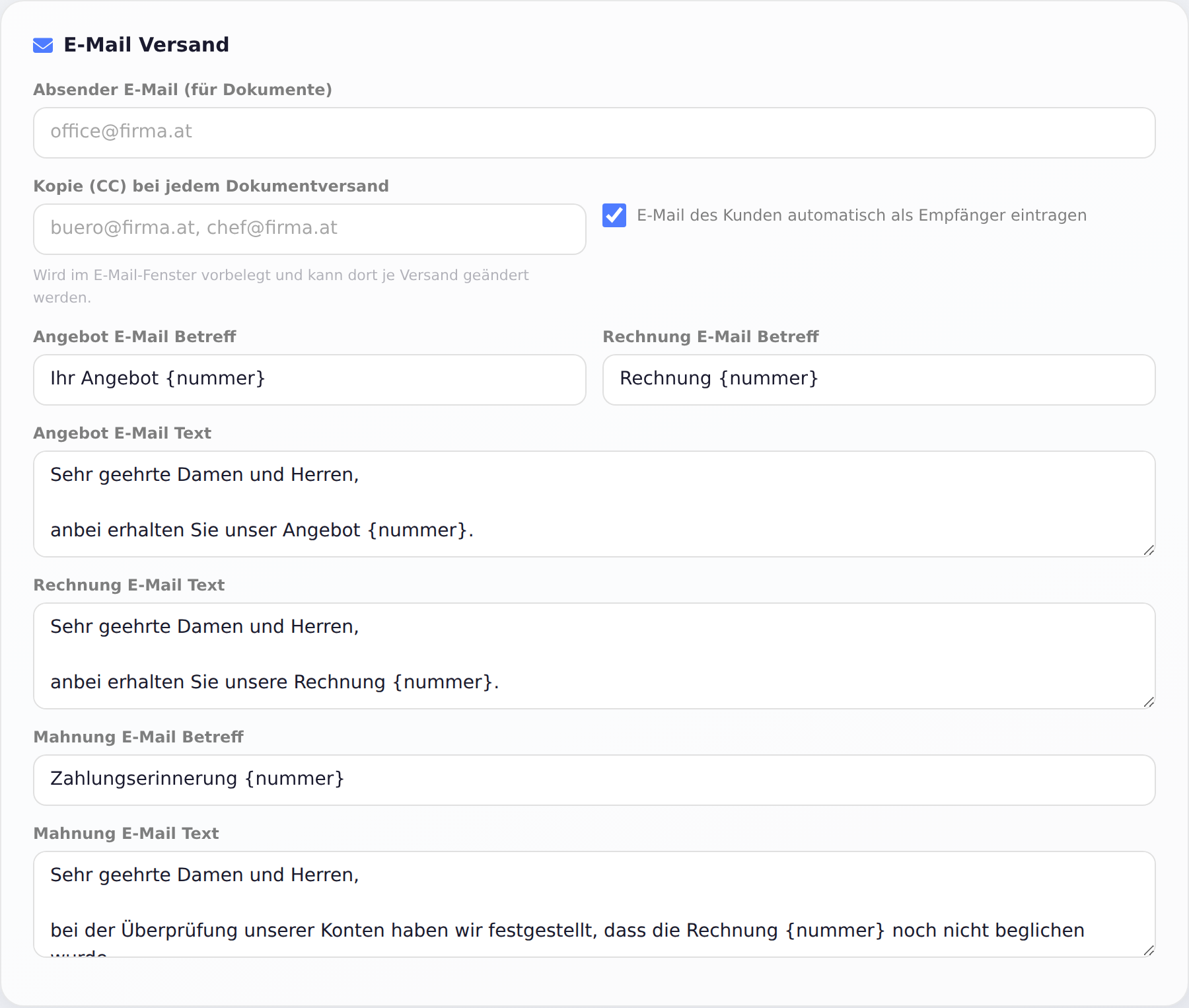 Firmenstammdaten – E-Mail Versand mit Betreff und Text