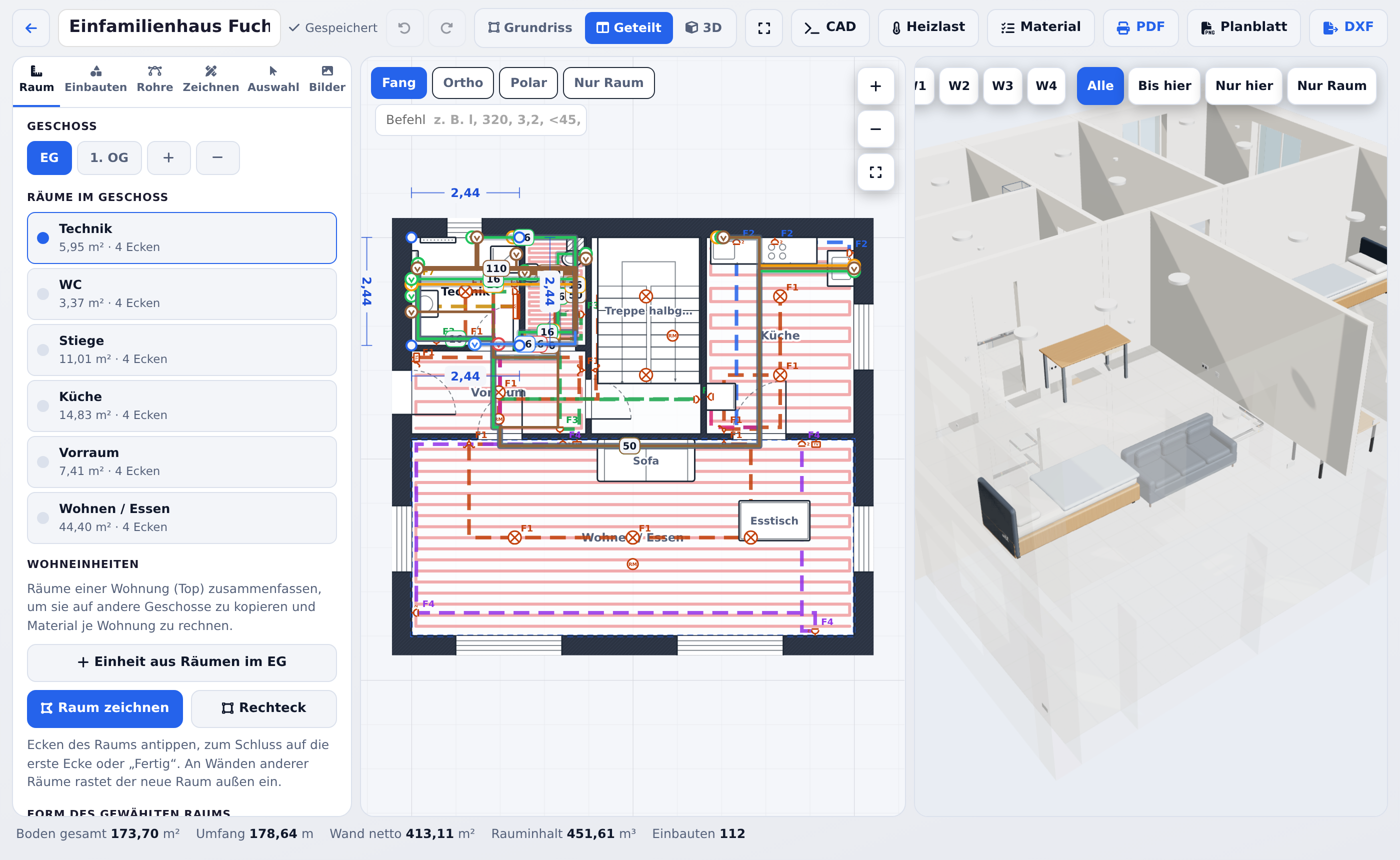 Editor mit Reiter Raum, Grundriss und 3D-Ansicht nebeneinander
