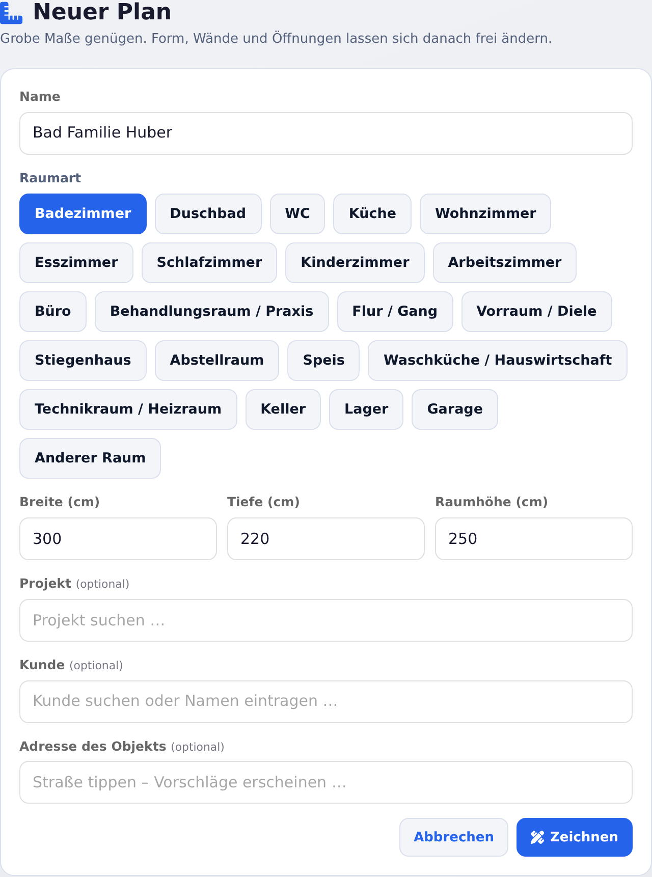 Neuer Plan mit Name, Raumart und Maßen