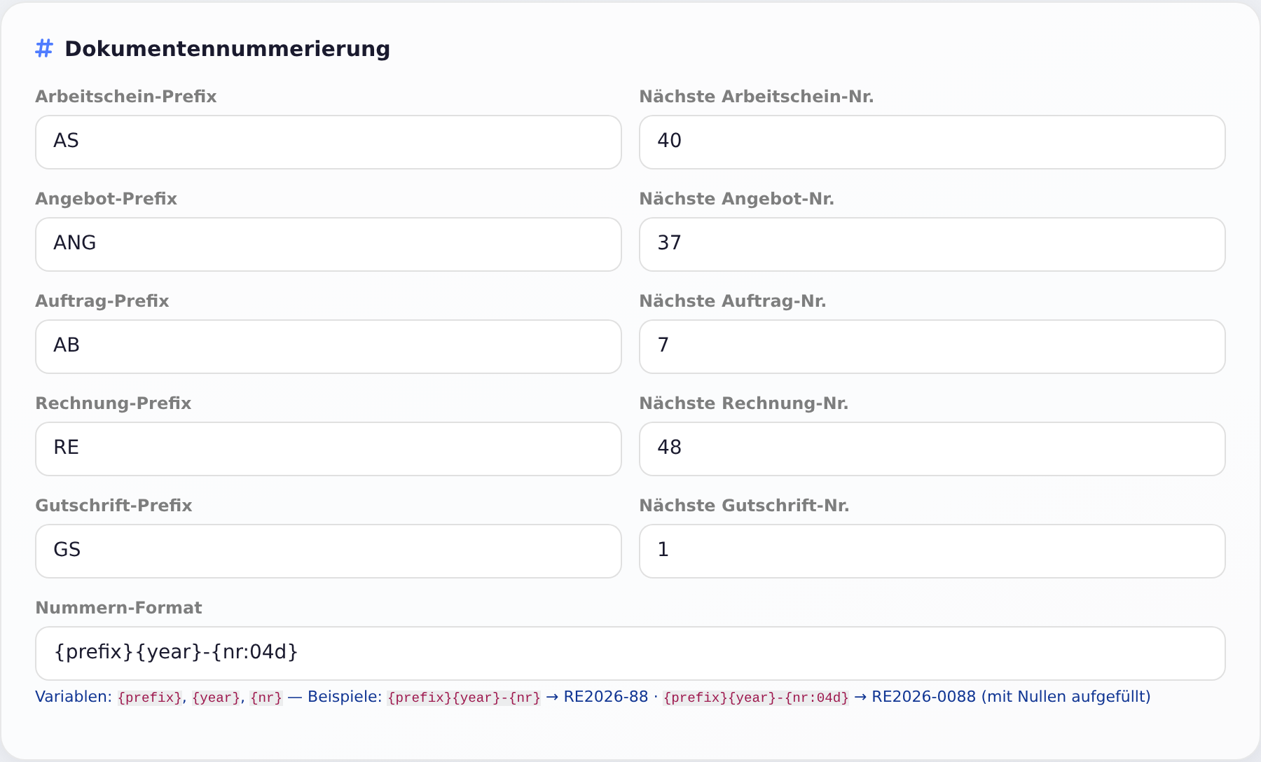 Dokumentennummerierung mit Prefix und nächster Nummer