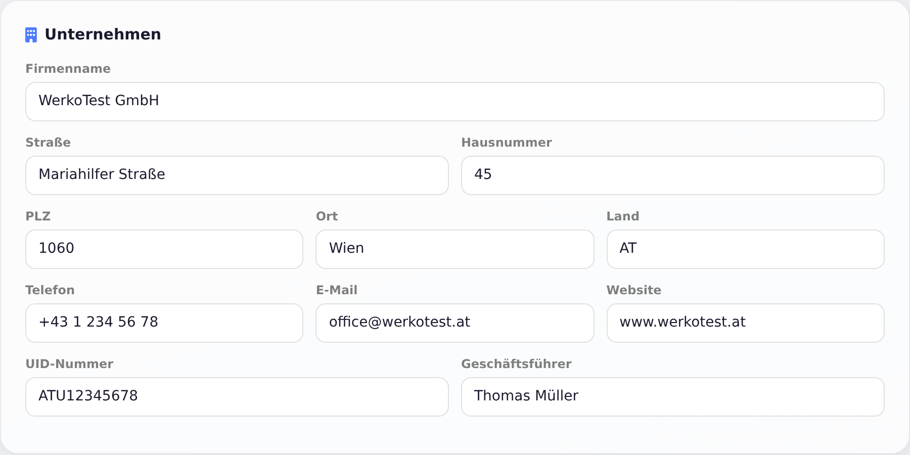 Firmenstammdaten – Abschnitt Unternehmen