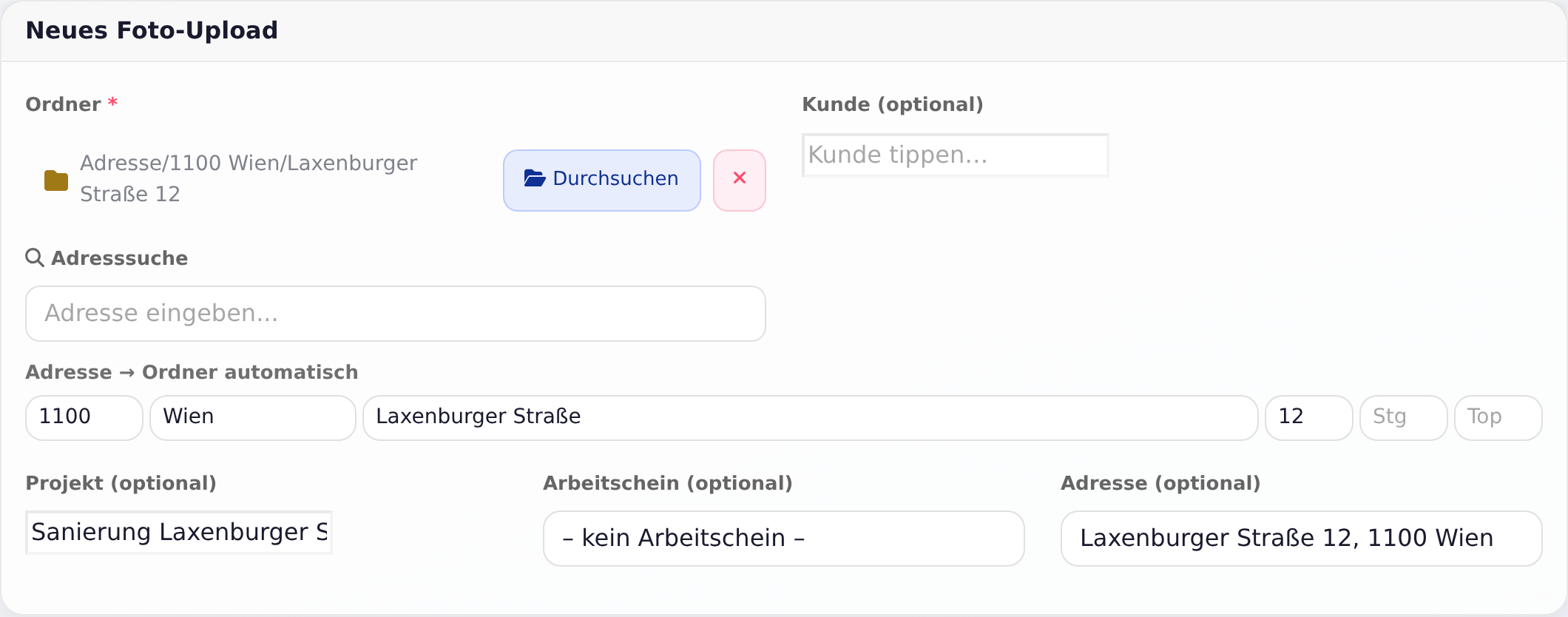 Fotos hochladen: Ordner, Adresse und Projekt