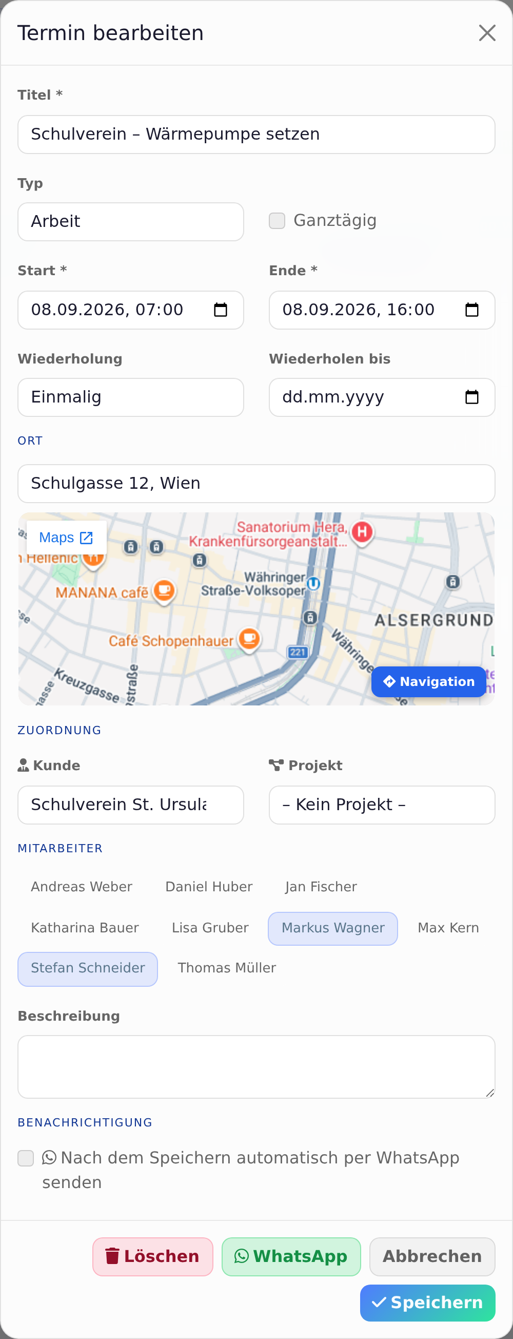 Termin bearbeiten mit Kunde, Mitarbeitern und Karte