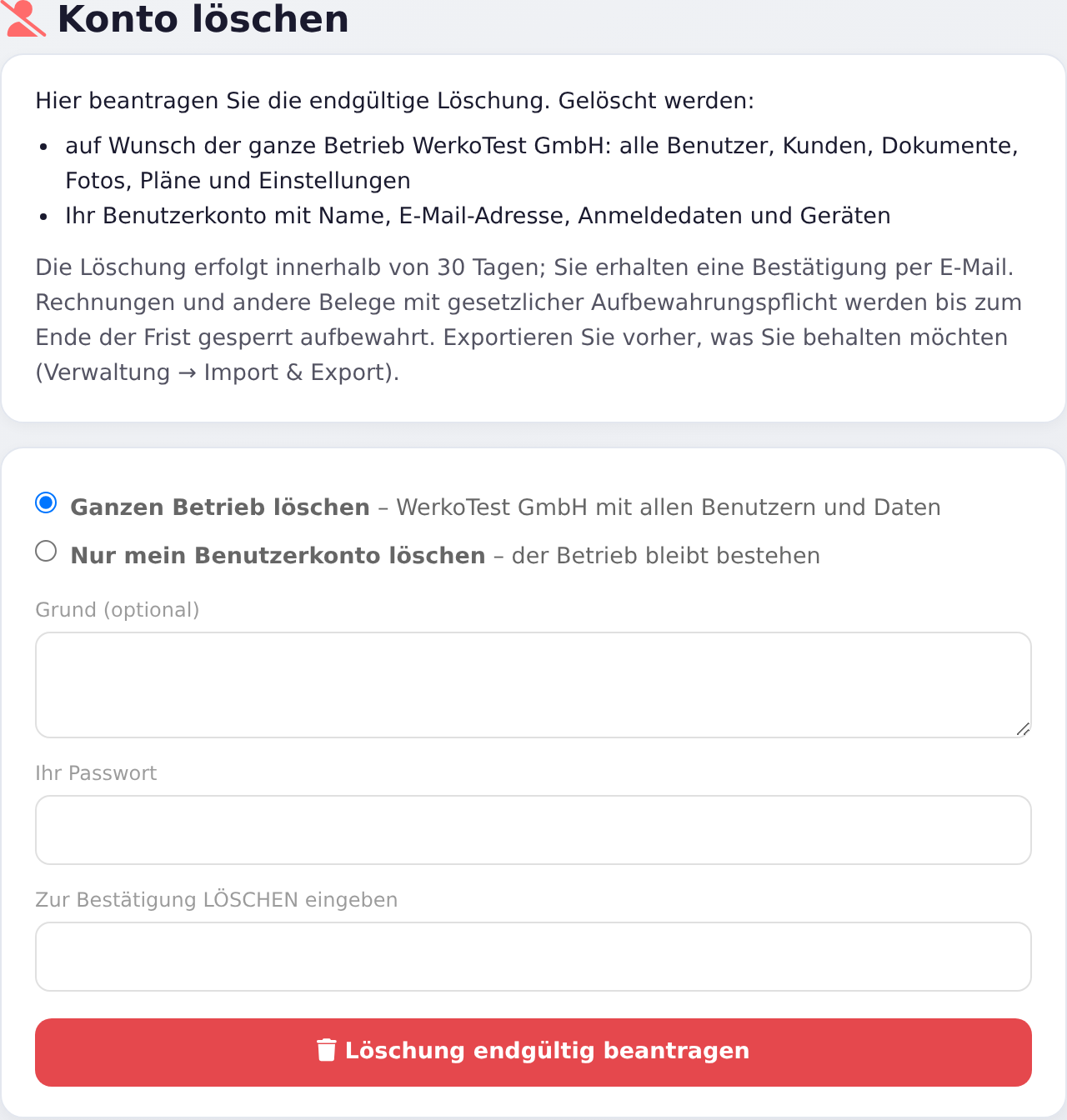 Konto löschen – Antrag mit Umfang und Bestätigung
