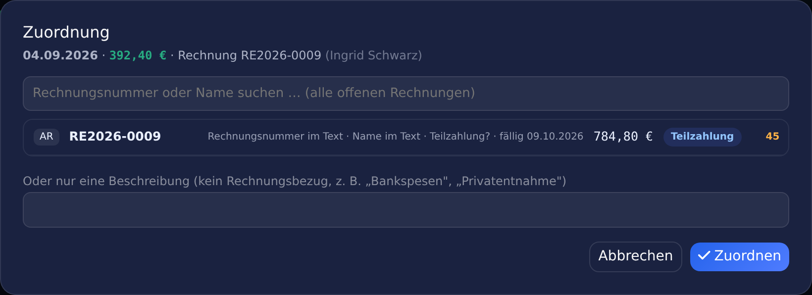 Fenster Zuordnung mit Vorschlag und Beschreibung