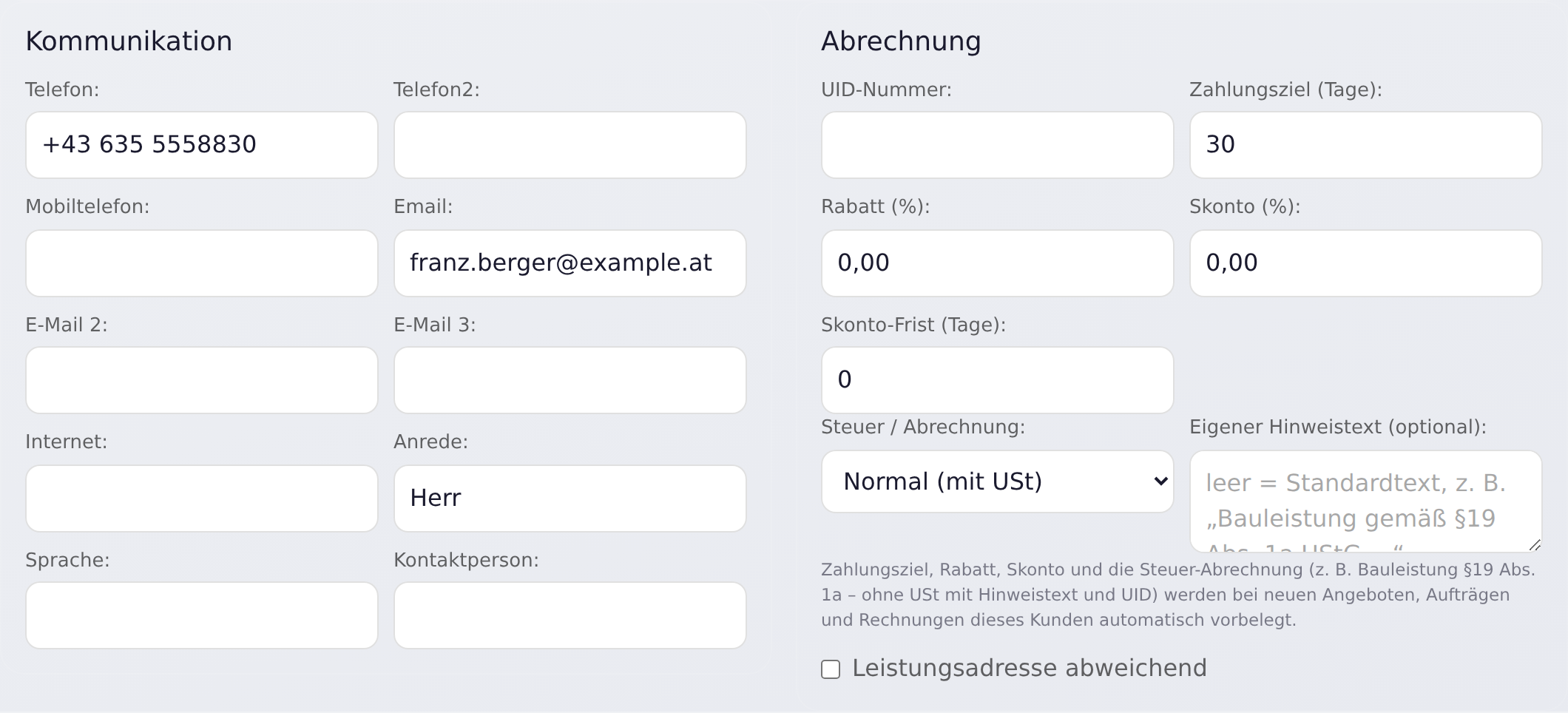 Kommunikation und Abrechnung eines Kunden