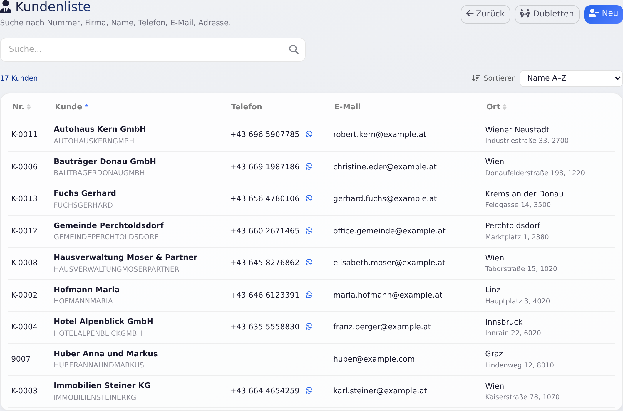 Kundenliste mit Suche, Sortierung und Spalten