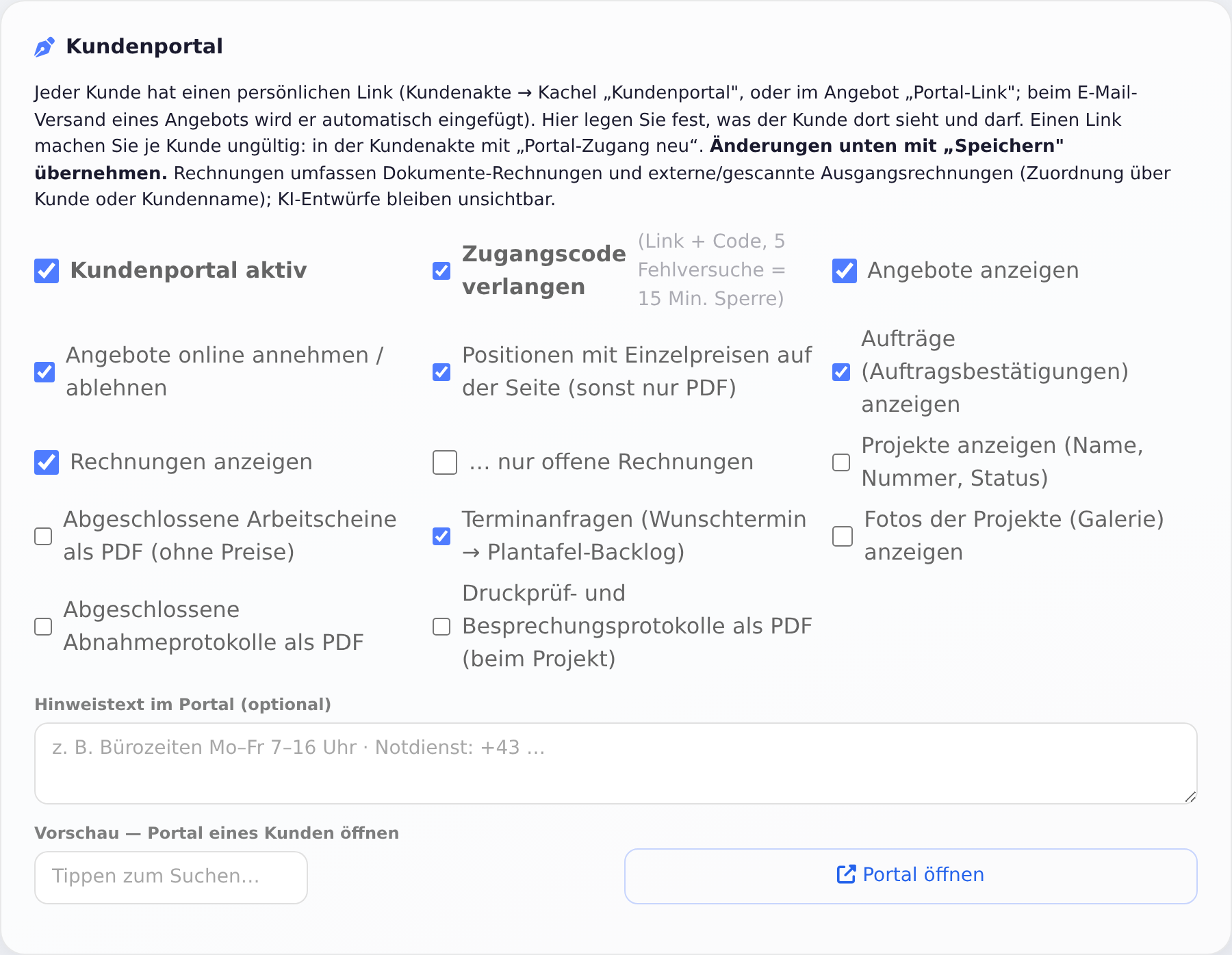 Firmenstammdaten – Abschnitt Kundenportal mit allen Schaltern