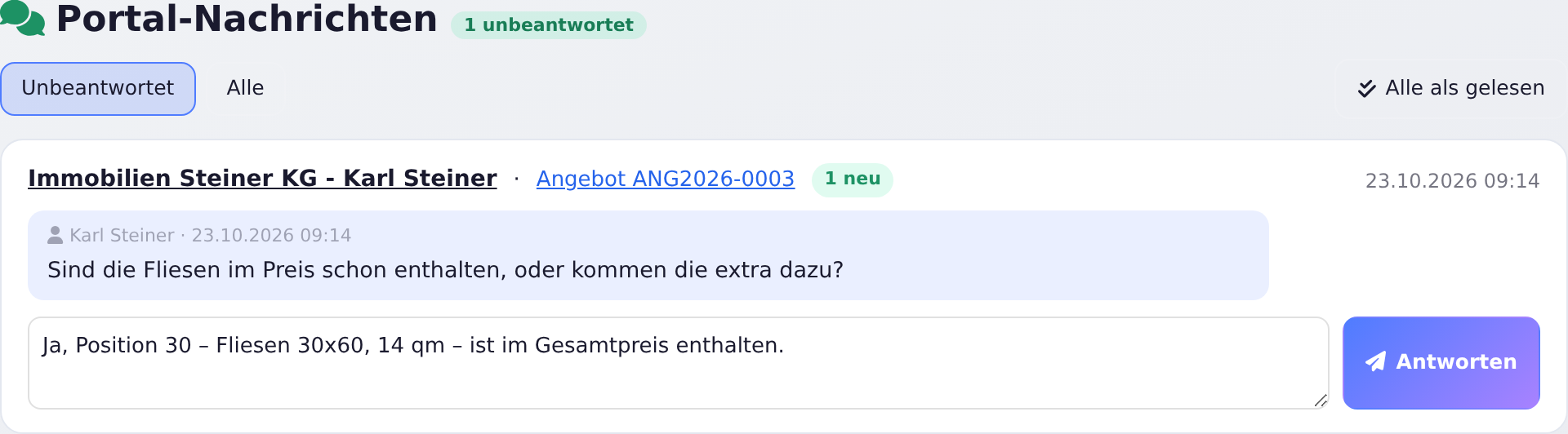 Portal-Nachrichten: Frage eines Kunden zu einem Angebot mit Antwortfeld