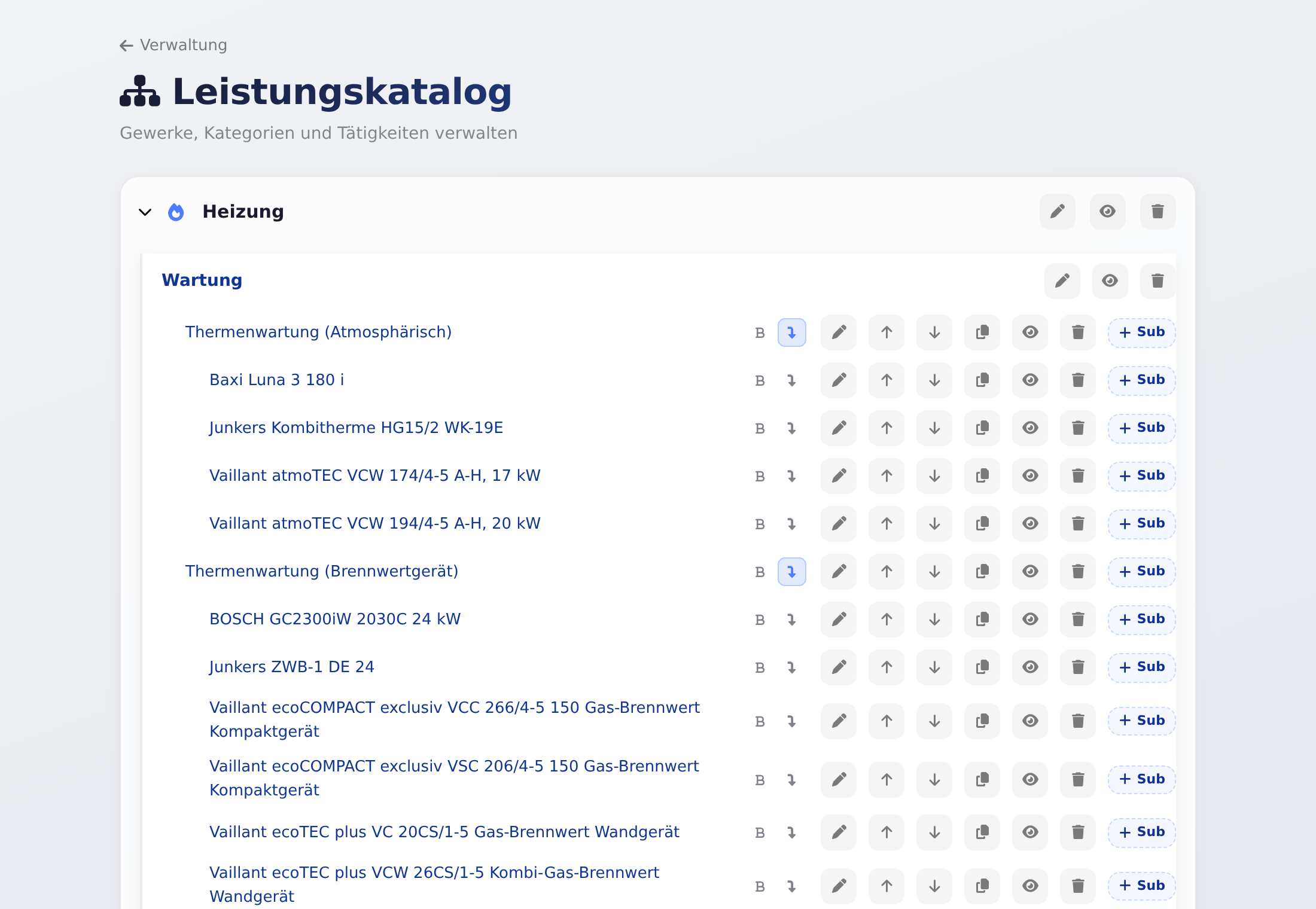 Leistungskatalog mit Gewerk, Kategorie und Tätigkeiten