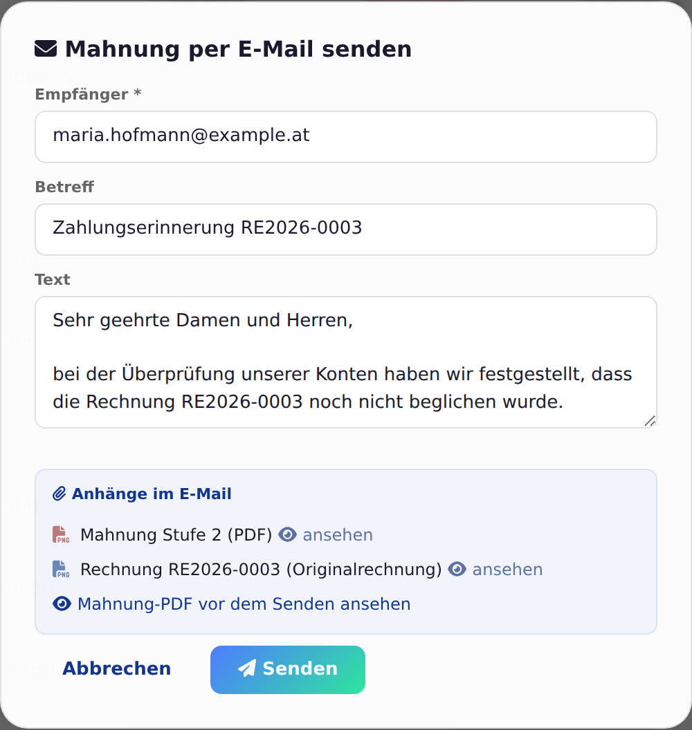 Fenster „Mahnung per E-Mail senden“