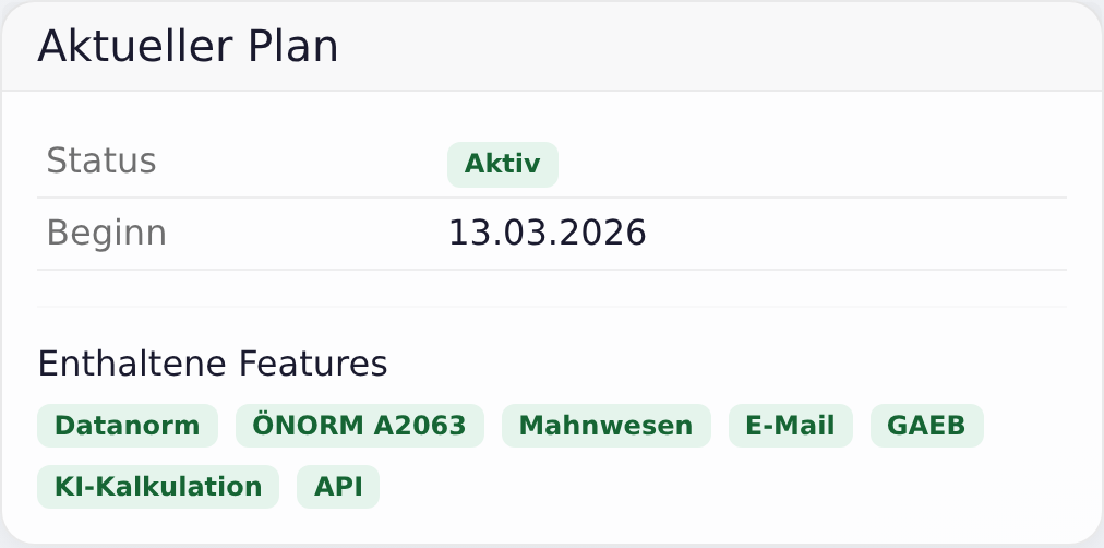 Mein Abo – aktueller Plan mit Status und Funktionen