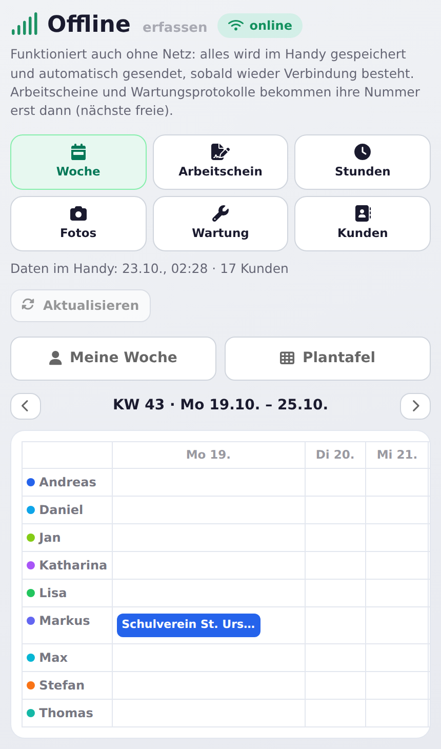 Offline erfassen, Reiter Woche mit Meine Woche und Plantafel