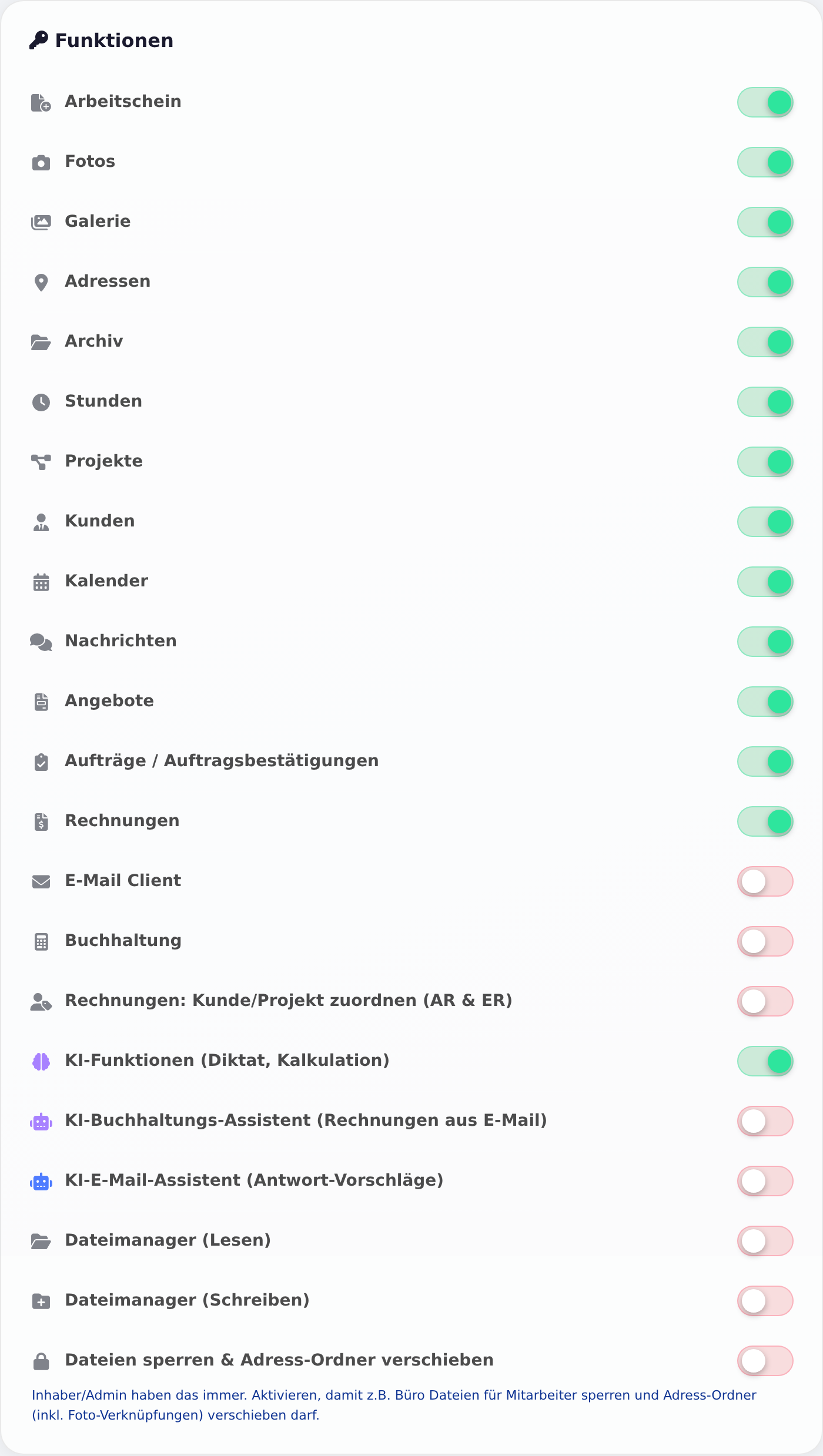 Rechte eines Mitarbeiters unter Funktionen