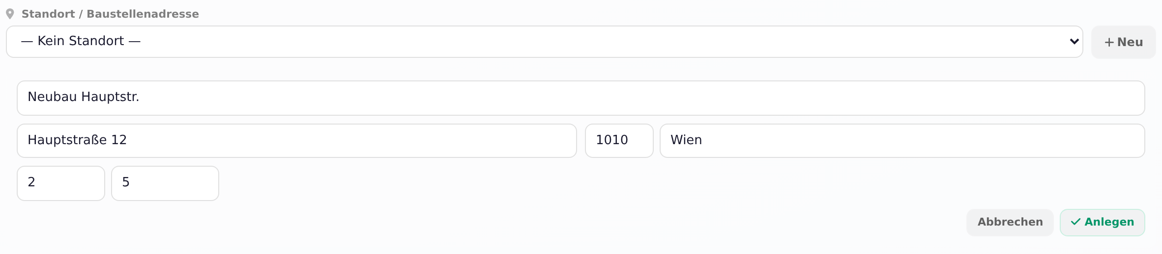 Standort / Baustellenadresse im Angebot mit neuem Standort