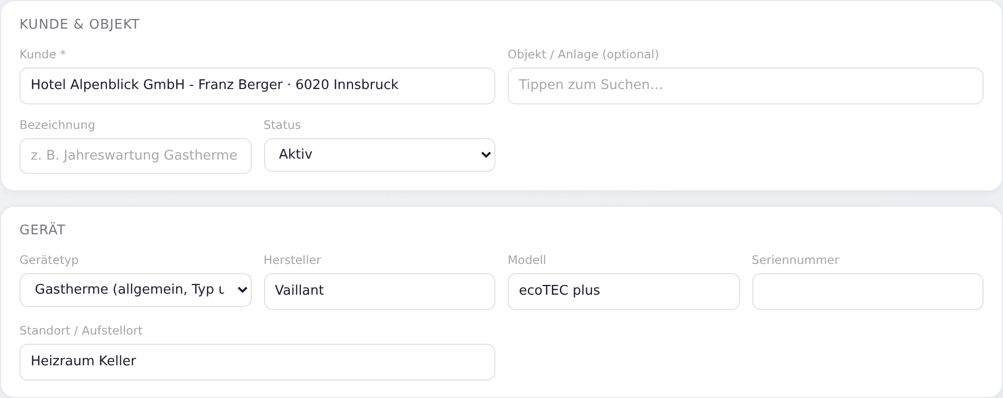 Wartungsvertrag mit Kunde, Objekt und Gerät