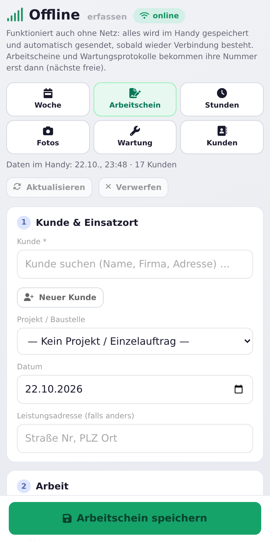 Offline erfassen am Handy: Reiter und Karte Kunde & Einsatzort