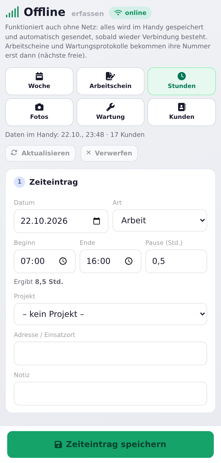 Reiter Stunden: Zeiteintrag ohne Netz