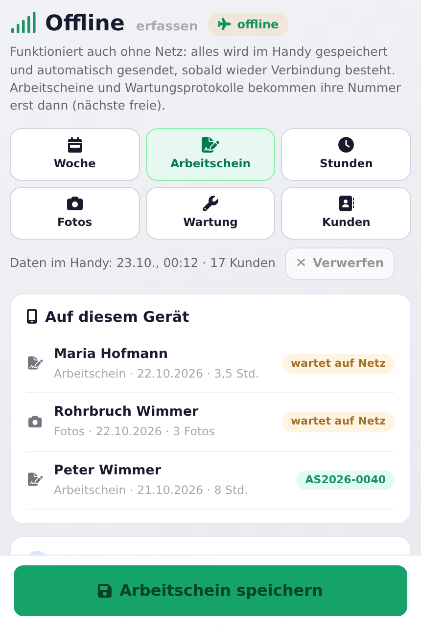 Liste „Auf diesem Gerät“ mit wartenden und gesendeten Einträgen