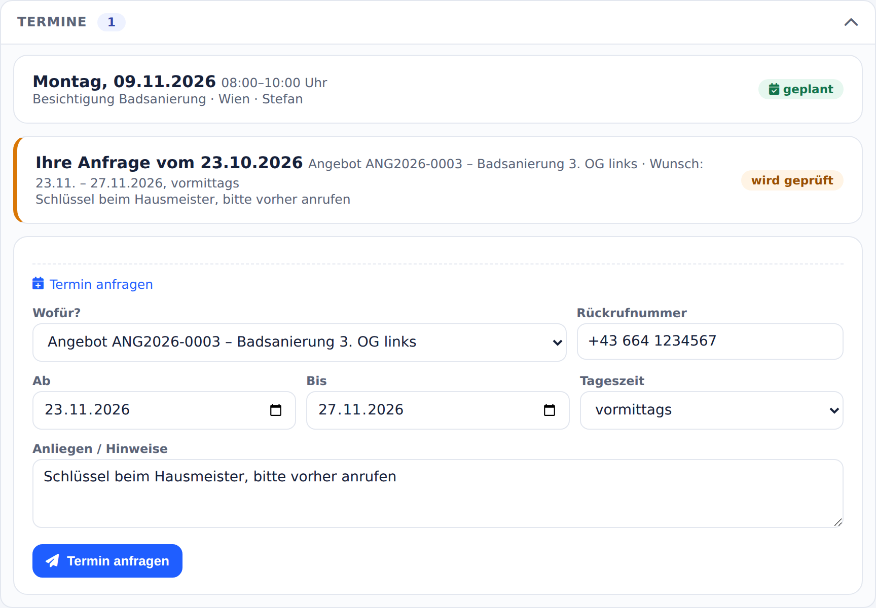 Kundenportal: Termine mit geplantem Termin, offener Anfrage und dem Formular „Termin anfragen“