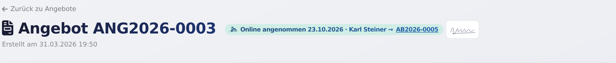 Angebot in WerkoApp mit „Online angenommen“, Name, Auftragsnummer und Unterschrift