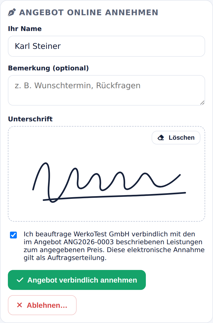 Kundenportal am Handy: Angebot online annehmen mit Name, Unterschrift und Bestätigung