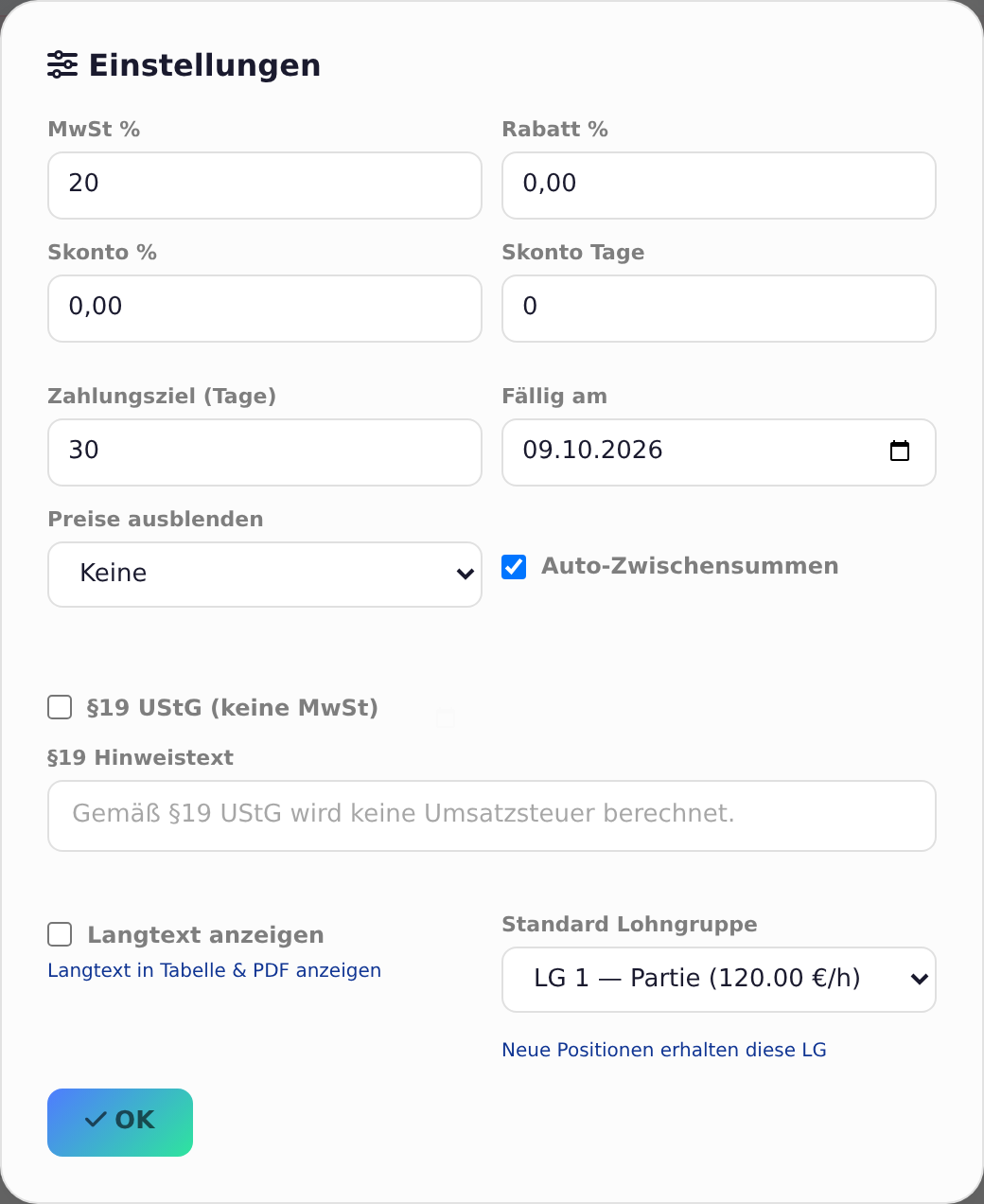 Fenster Einstellungen mit Preise ausblenden und Langtext anzeigen