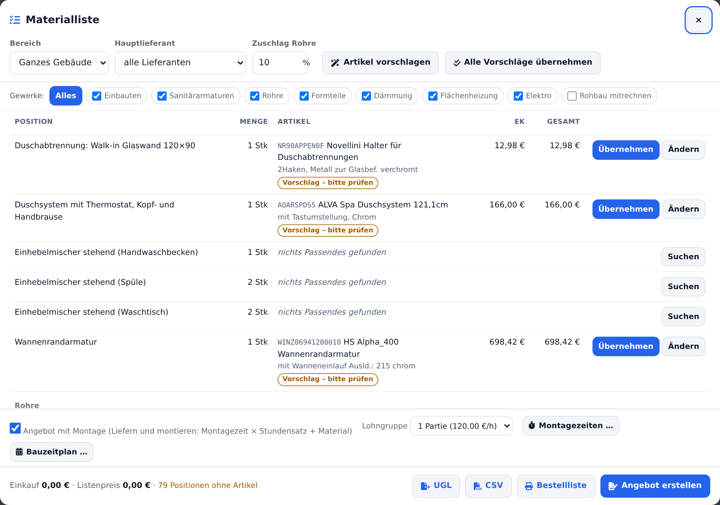 Materialliste mit Gewerken, Positionen und Angebot