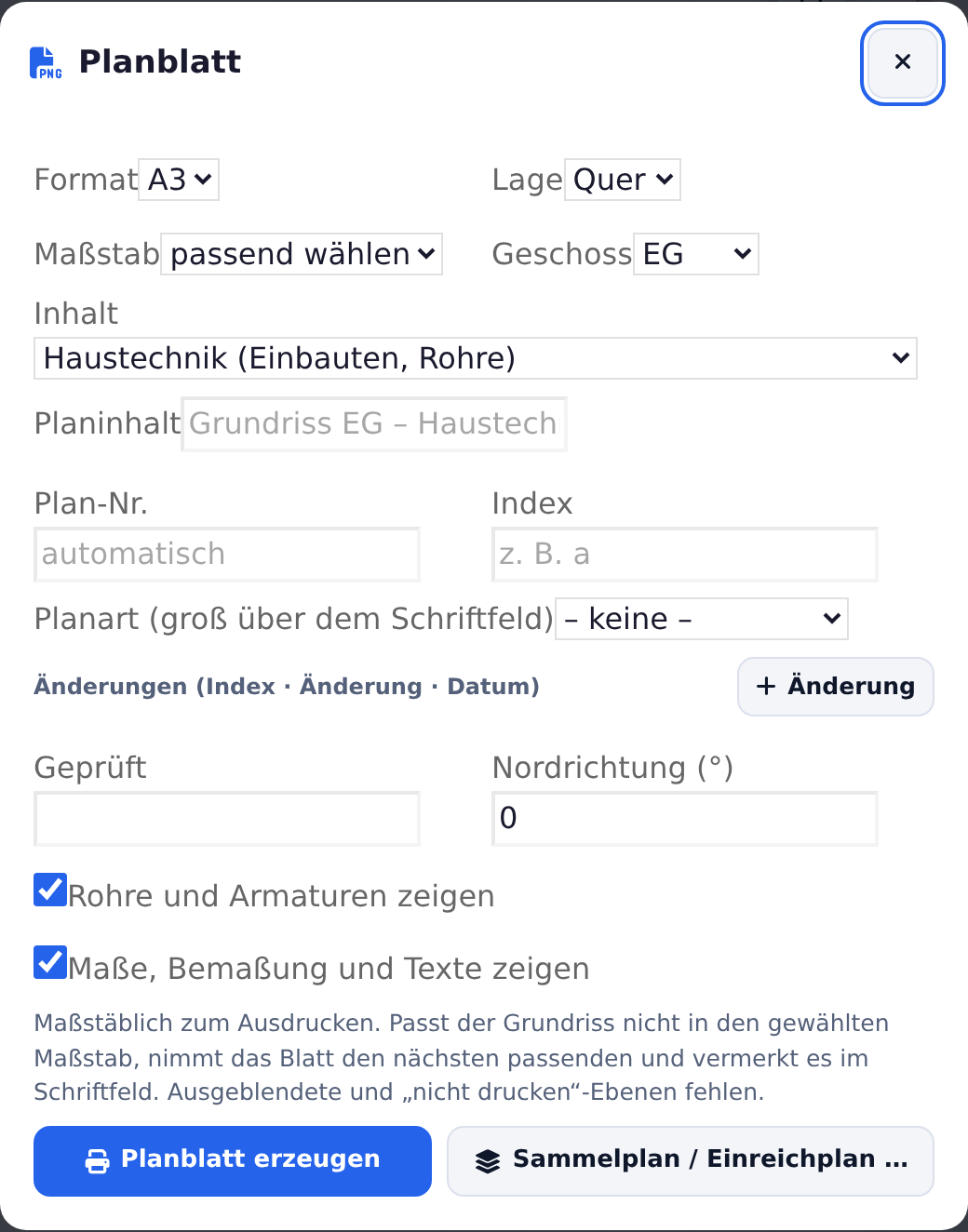 Planblatt mit Format, Maßstab, Inhalt und Schriftfeld