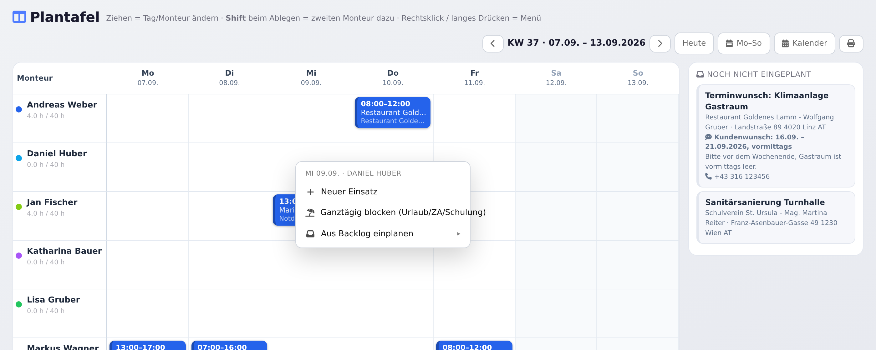 Rechtsklick auf einen freien Tag: Neuer Einsatz, Ganztägig blocken, Aus Backlog einplanen
