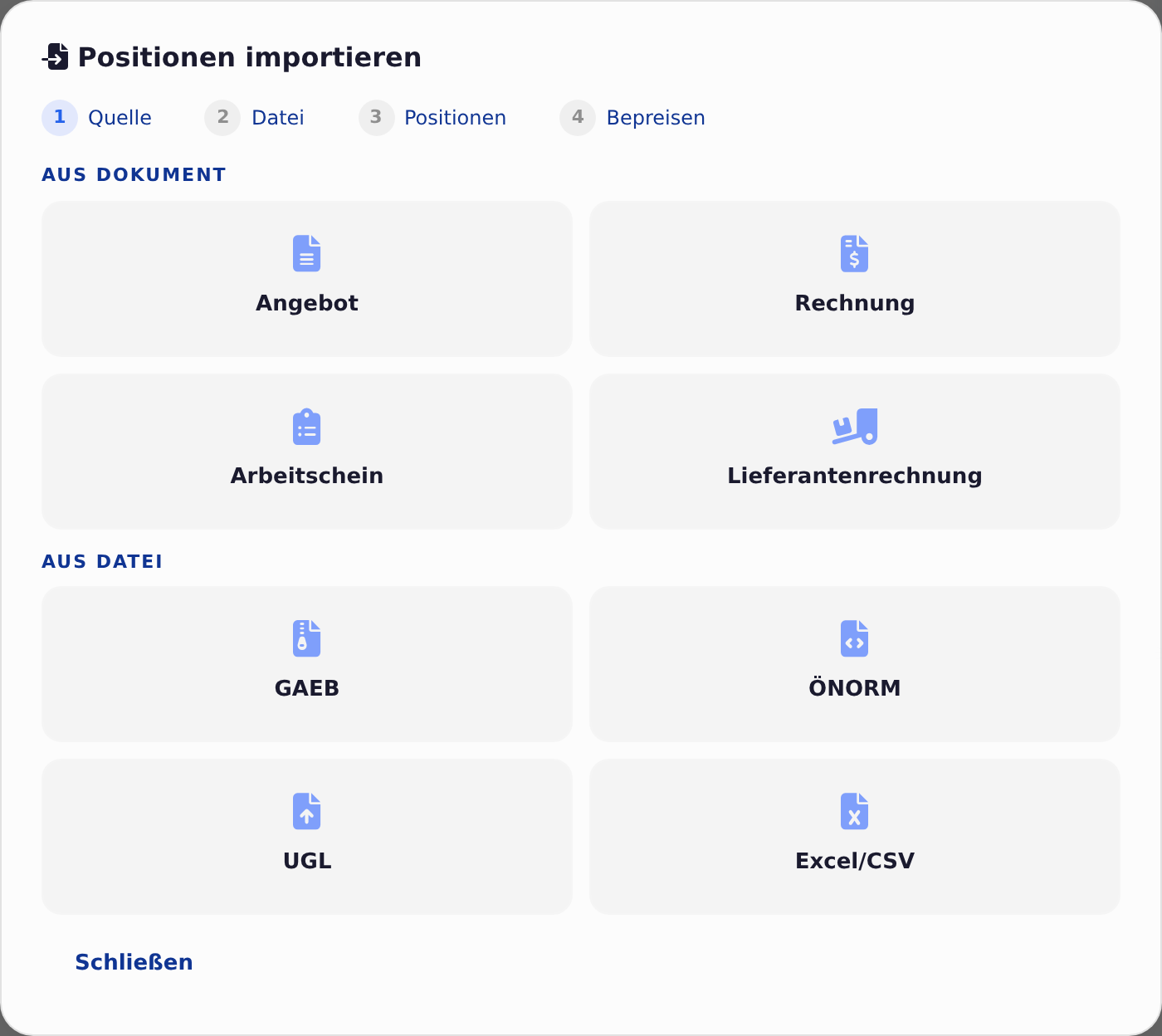 Positionen importieren: Quelle wählen