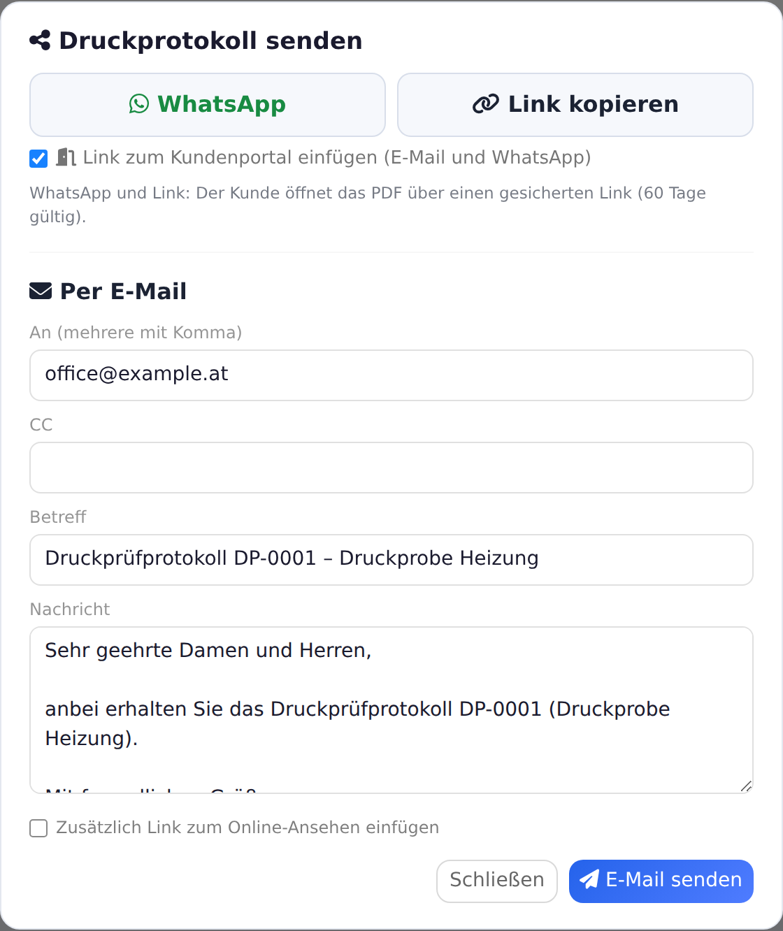 Fenster Druckprotokoll senden mit WhatsApp, Link und E-Mail