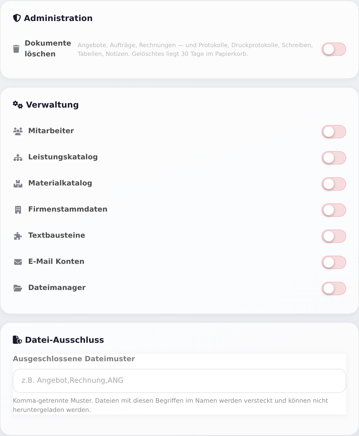 Rechte für Administration, Verwaltung und Datei-Ausschluss