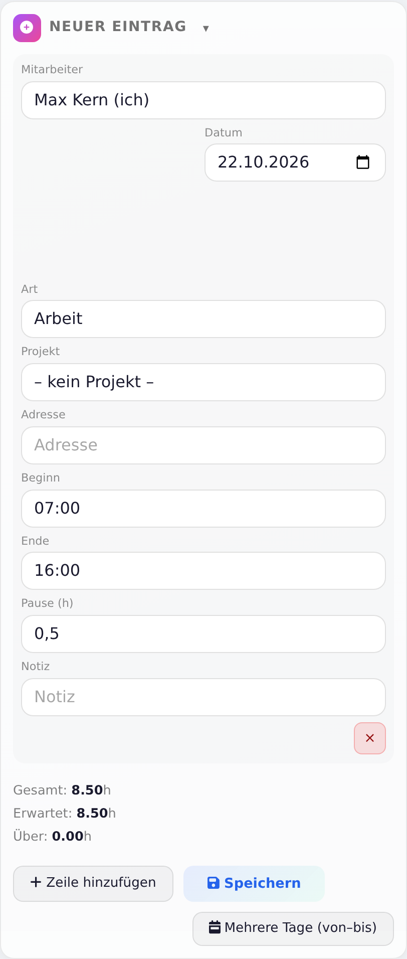 Neuer Eintrag in der Stundenliste am Handy