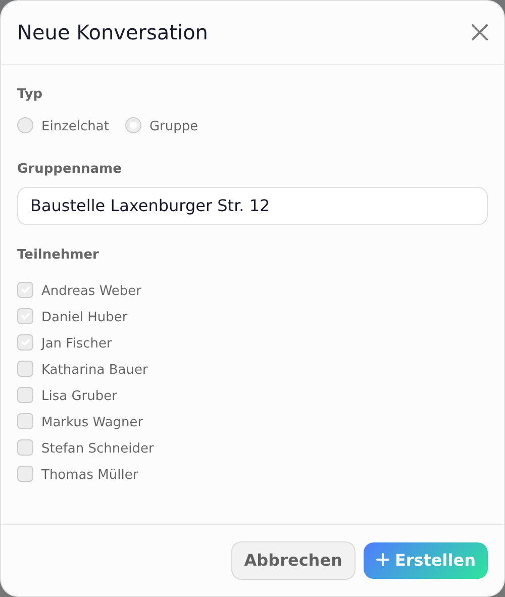 Neue Konversation mit Typ, Gruppenname und Teilnehmern