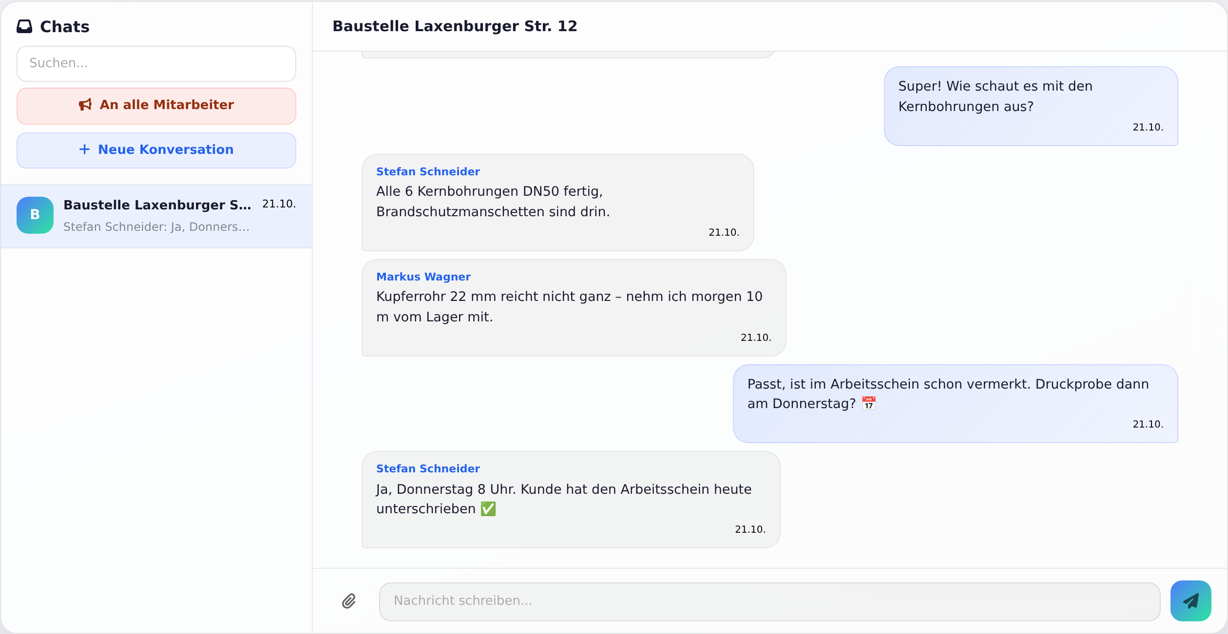 Team-Chat mit Chat-Liste und geöffneter Gruppe